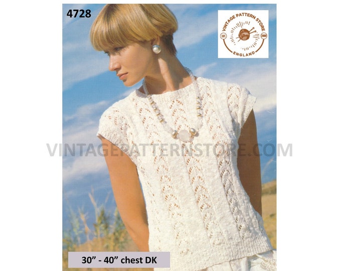 Ladies Womens 90s DK round neck lacy eyelet lace sleeveless sweater vest slipover Summer top pdf knitting pattern 30" to 40" Download 4728