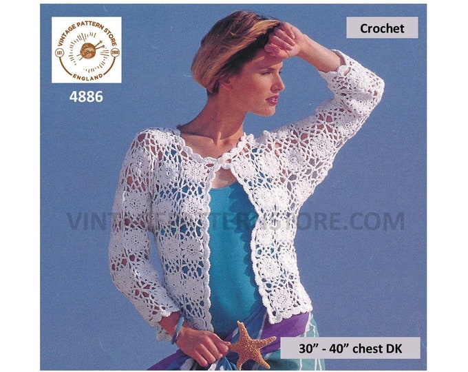 Womens Ladies 90s picot round neck corchet motif dolman Summer jacket pdf crochet pattern 30" to 40" Instant PDF Download 4886