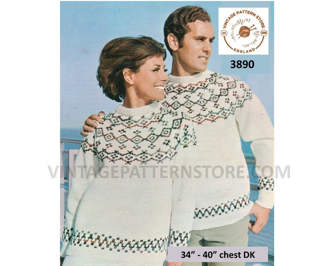 Ladies Womens Mens 70s round neck fair isle yoke yoked easy to knit DK raglan sweater jumper pdf knitting pattern 34" to 40" Download 3890