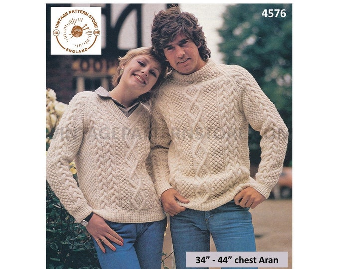 Womens Mens 80s vintage crew V neck cable panel cabled and textured raglan aran sweater jumper pdf knitting pattern 34" to 44" Download 4576