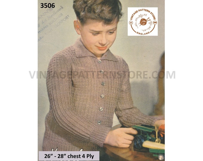 Boys 50s vintage 4 ply round neck collared rib ribbed raglan cardigan jacket pdf knitting pattern 26" to 28" chest Instant PDF download 3506