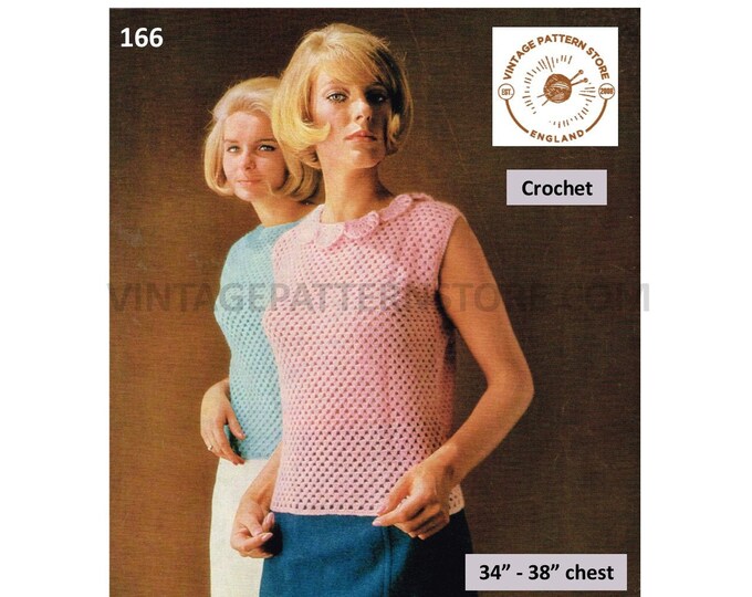 Ladies Womens 70s vintage round neck or lacy collar sleeveless sweater vest slipover blouse pdf crochet pattern 34" to 38" PDF Download 166