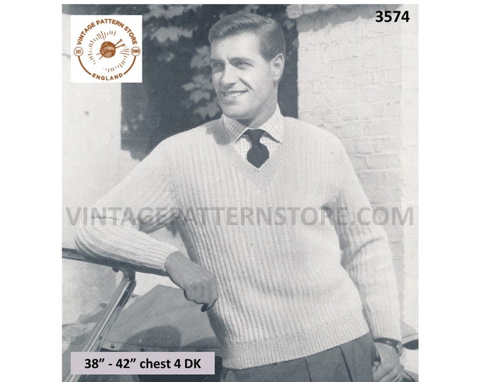 Mens Mans 50s vintage plain and simple easy to knit V neck ribbed rib raglan DK sweater jumper pdf knitting pattern 38" to 42" Download 3574