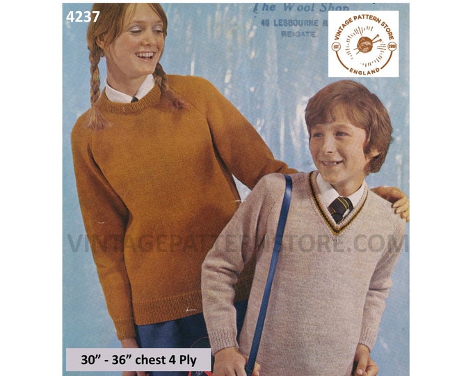 Boys Girls 70s vintage quick and easy to knit 4 ply V or round neck raglan sweater jumper pdf knitting pattern 30" to 36" Download 4237