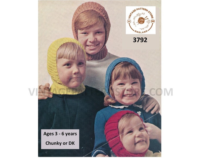 Childrens Boys Girls 70s easy to knit chunky aran or DK balaclava helmet & hood pdf knitting pattern ages 3 to 6 years PDF download 3792