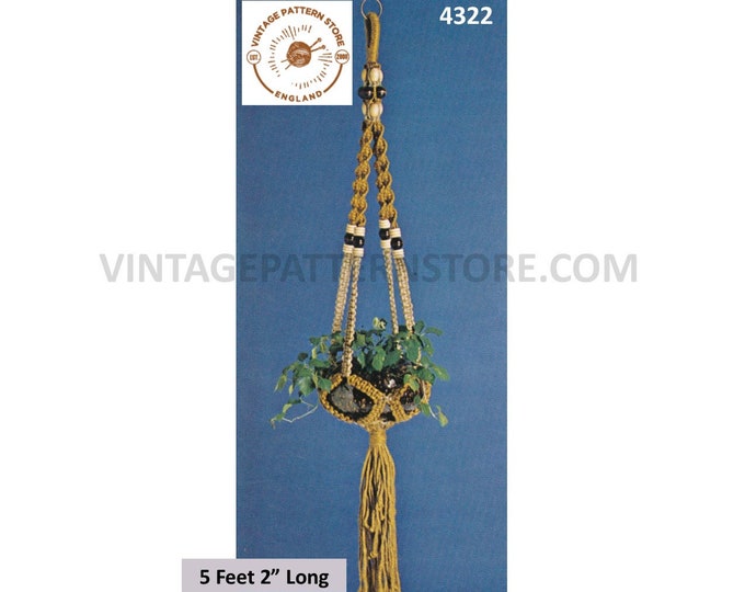 70s vintage beaded macrame plant pot hanger holder pdf macrame pattern 70s retro indoor garden 5 foot 2" long Instant PDF Download 4322