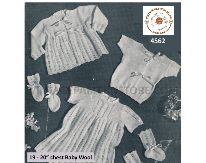 Baby Babies 40s vintage layette pram set lacy picot dress matinee coat vest booties & mittens pdf knitting pattern 19" to 20" Download 4562