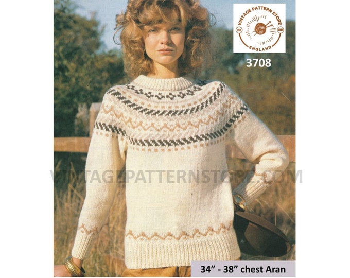 Ladies Womens 80s round neck fair isle yoke yoked raglan aran sweater jumper pullover pdf knitting pattern 34" to 38" Instant download 3708