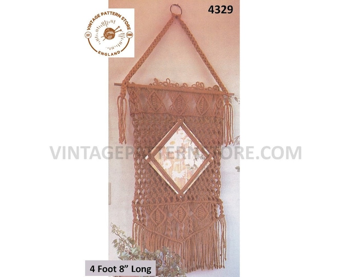 70s vintage macrame wall hanging with mirror pdf macrame pattern 4 foot 8" long Instant PDF Download 4329