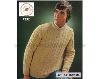 Mens Mans 70s vintage DK crew neck cabled cable striped raglan sweater jumper pdf knitting pattern 40" to 44" PDF Instant Download 4232