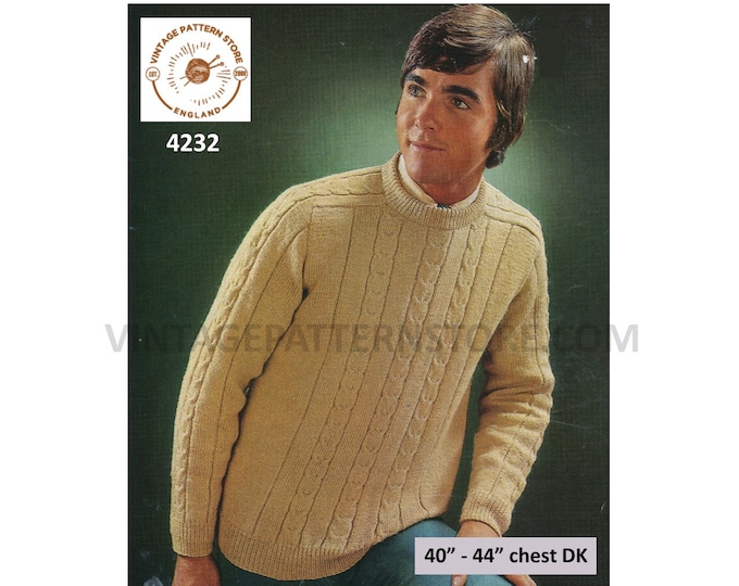 Mens Mans 70s vintage DK crew neck cabled cable striped raglan sweater jumper pdf knitting pattern 40" to 44" PDF Instant Download 4232