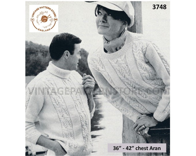 Ladies Womens Mens 50s vintage round polo neck cabled cable panel raglan aran sweater jumper pdf knitting pattern 36" to 42" Download 3748