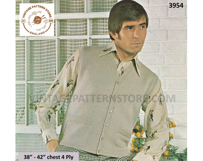 Mens 70s vintage plain and simple easy to knit V neck 4 ply waistcoat pdf knitting pattern 38" to 42" chest Instant PDF download 3954