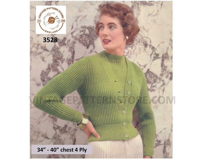 Ladies Womens 50s 4 ply V neck rib ribbed raglan cardigan & crew neck sweater jumper twin set pdf knitting pattern 34" to 40" Download 3528