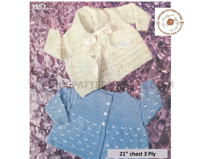 Baby Babies 50s vintage 3 ply lacy & contrast yoke ribbon tie raglan matinee coat and cardigan pdf knitting pattern 21" chest Download 3557