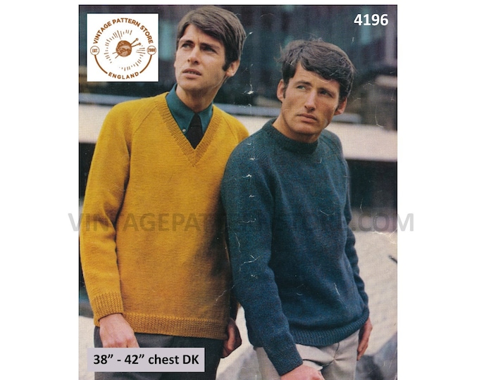 Mens Mans 60s vintage simple and easy to knit V or crew neck DK raglan sweater jumper pdf knitting pattern 38" to 42" Instant Download 4196