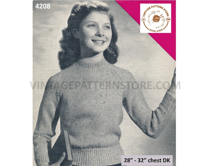 Girls 60s vintage plain and simple easy to knit DK crew neck raglan sweater jumper pdf knitting pattern 28" to 32" chest Download 4208