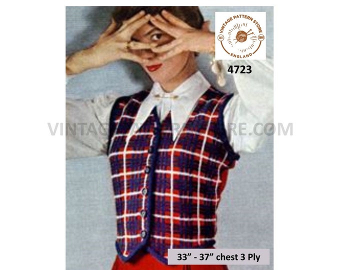 Ladies Womens 50s vintage 3 ply V neck traditional Scottish tartan waistcoat pdf knitting pattern 33" to 37" chest Instant PDF Download 4723