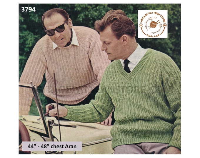 Mens Mans 70s vintage retro easy to knit V or crew neck raglan aran sweater jumper pdf knitting pattern 44" to 48" Instant PDF download 3794