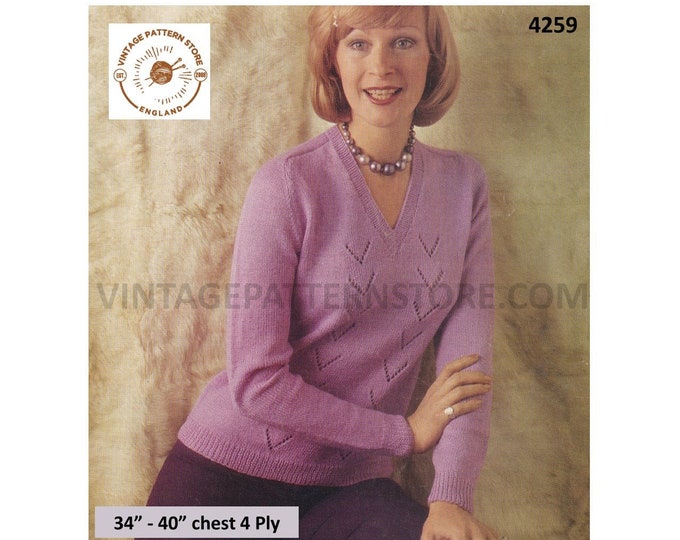 Ladies Womens 70s vintage 4 ply V neck chevron eyelet lace lacy raglan sweater jumper pullover pdf knitting pattern 34" to 40" Download 4259