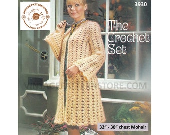 Ladies Womens 70s bold lace V neck open fronted flared raglan sleeve mohair cardigan coat pdf crochet pattern 32" to 38" PDF download 3930