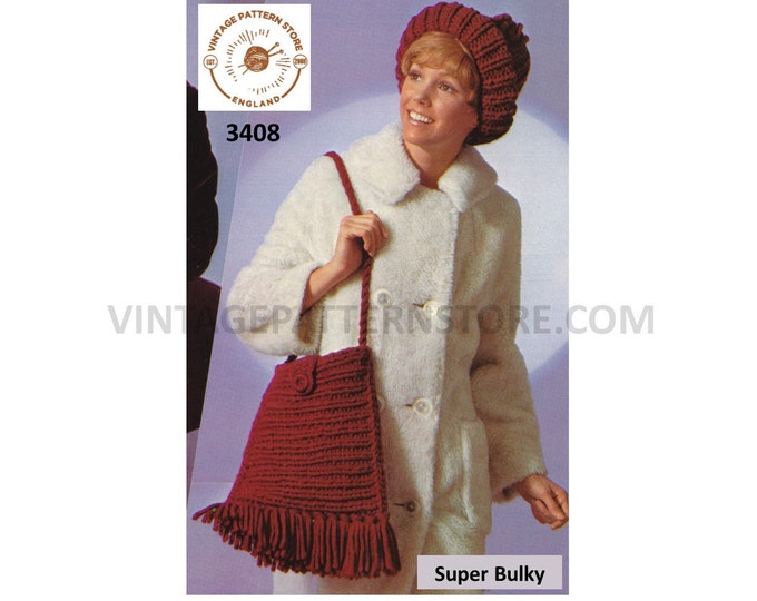 Ladies Womens 60s vintage super bulky knit large fringed shoulder bag tote purse & hat pdf knitting pattern Adult Instant PDF Download 3408