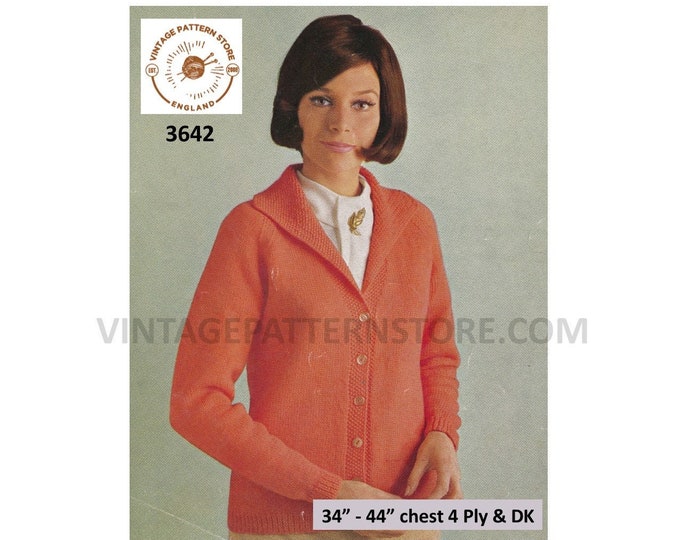Ladies Womens 70s V neck collared easy to knit textured edge & collared raglan cardigan jacket pdf knitting pattern 34" to 44" Download 3642