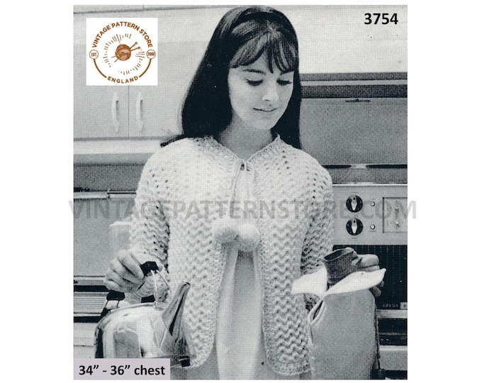 Ladies Womens 50s vintage round neck lacy lace bed jacket with crochet borders and bobble tie pdf knitting pattern 34" to 36" Download 3754