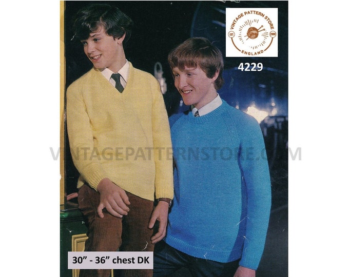 Boys 70s vintage plain and simple quick easy to knit V or round neck raglan sweater jumper pdf knitting pattern 30" to 36" Download 4229