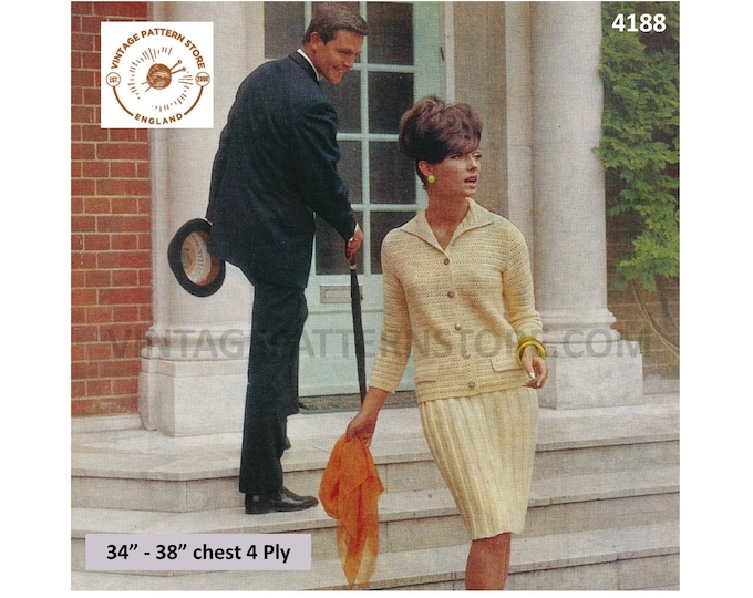 Ladies Womens 60s vintage 4 ply V neck collared raglan jacket and wide ribbed rib skirt pdf knitting pattern 34" to 38" chest Download 4188