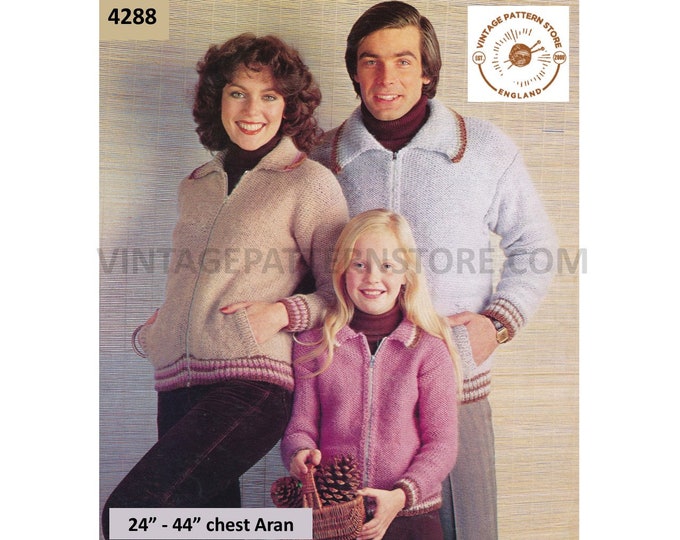 Ladies Womens Mens Boys Girls 80s vintage zipped zip up easy to knit raglan aran jacket coat pdf knitting pattern 24" to 44" Download 4288