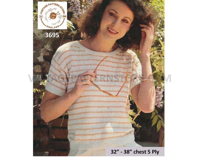Ladies Womens 80s vintage round neck short sleeve striped 5 ply Summer sweater jumper pdf knitting pattern 32" to 38" Instant download 3695