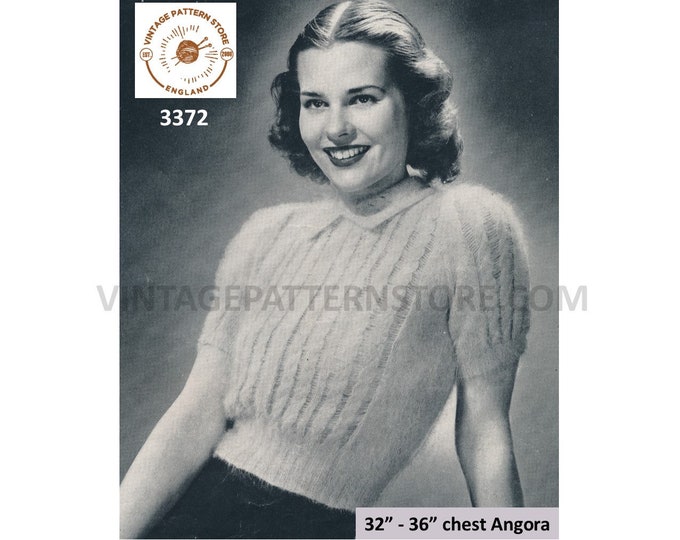 Ladies Womens 40s vintage short sleeve ladder stitch raglan angora Summer sweater jumper pdf knitting pattern 32" to 36" Download 3372
