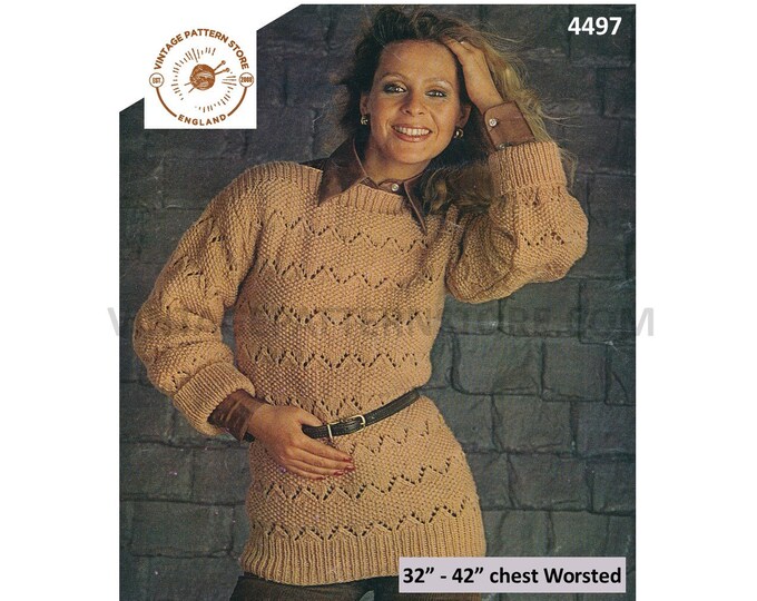 Womens 70s slash neck zig zag eyelet lace lacy drop shoulder raglan worsted sweater jumper pdf knitting pattern 32" to 42" PDF Download 4497