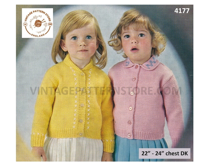 Girls Toddlers 60s vintage simple & easy to knit shawl collar or collared raglan DK cardigan pdf knitting pattern 22" to 24"  Download 4177