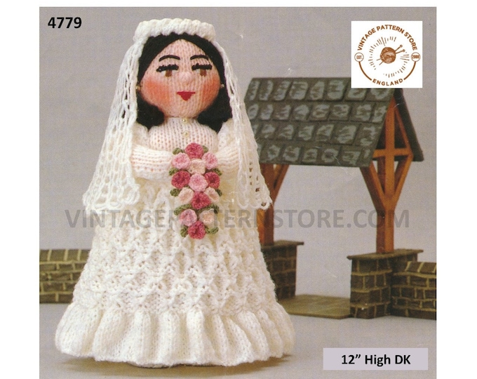 80s vintage retro fun to knit oddments cuddly toy bride doll pdf knitting pattern 12" High Instant PDF Download 4779