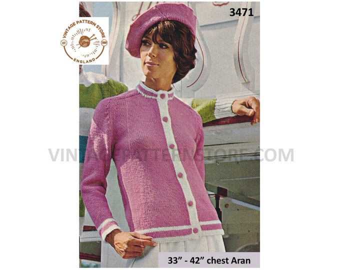 Ladies Womens 60s vintage crew neck raglan aran cardigan & tam Oshanter hat pdf knitting pattern 33" to 42" chest Instant PDF Download 3471