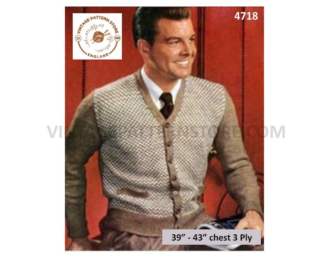 Mens Mans 50s vintage 3 ply V neck shepherds Scottish tartan fair isle raglan cardigan pdf knitting pattern 39" to 43" chest Download 4718