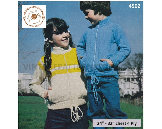 Boys Girls Childrens 70s vintage 4 ply easy to knit crew neck zipped zip up raglan jacket coat pdf knitting pattern 24" to 32" Download 4502