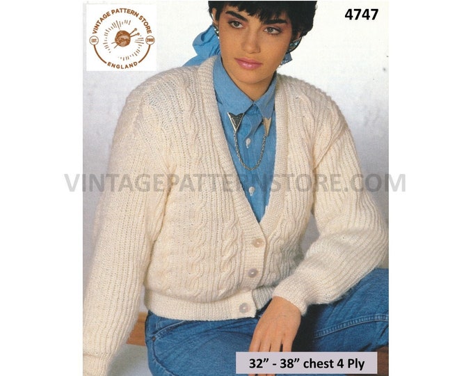 Womens 90s 4 ply V neck easy to knit ridge & twist cable cabled drop shoulder raglan cardigan pdf knitting pattern 32" to 38" Download 4747