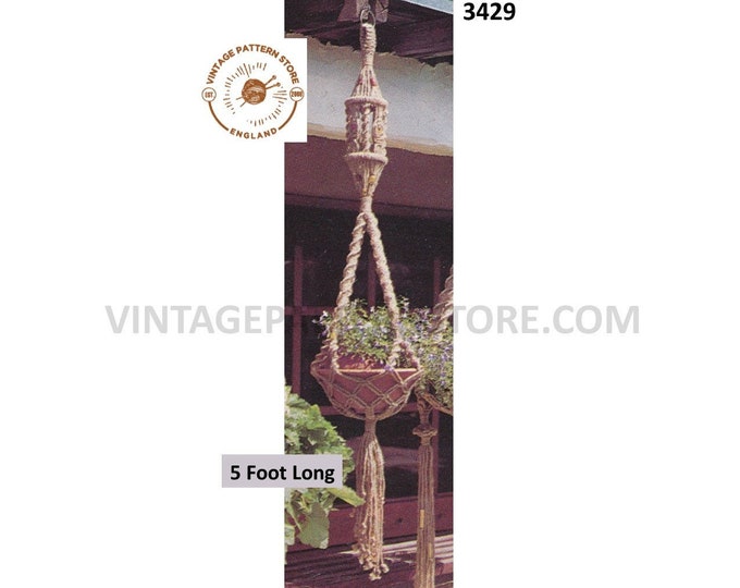 70s vintage macrame plant hanger pdf macrame pattern, 70s Vintage retro garden gardening 5 foot long Instant PDF download 3429