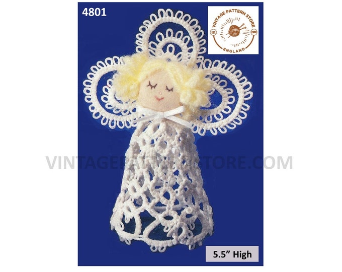 80s vintage tatted lace lacy angel fairy Christmas tree ornament decoration pdf tatting pattern 5.5" High Download 4801