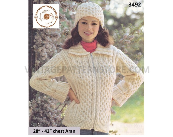 Womens Ladies Girls 90s round neck collared cabled raglan aran cardigan jacket & beanie hat pdf knitting pattern 28" to 42" Download 3492