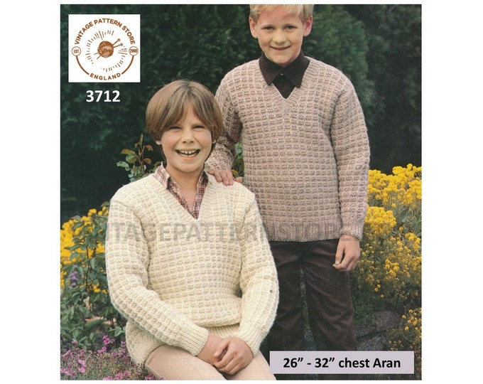Boys Girls Childrens 80s vintage V neck textured raglan aran sweater jumper pullover pdf knitting pattern 26" to 32" Instant download 3712