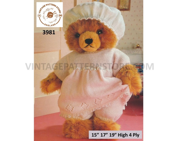 90s 15" 17" 19" high DK Teddy Bear dolls clothes bedtime pyjamas pantaloons dress and mob cap pdf knitting pattern PDF download 3981