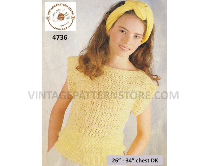 Girls Ladies Womens 90s easy to knit DK slash neck cap sleeve slipover sweater vest Summer top pdf knitting pattern 26" to 34" Download 4736
