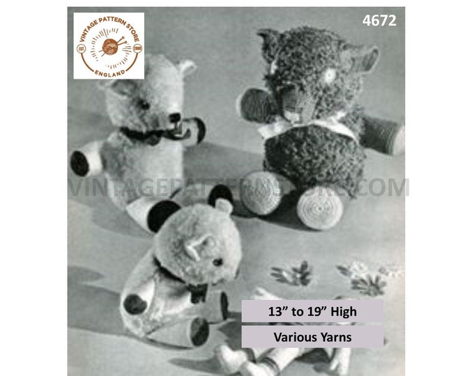 40s vintage retro teddy bear toy pdf crochet pattern 3 sizes 13" 16" and 19" high Instant PDF Download 4672