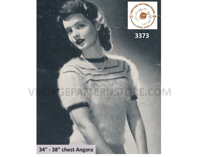 Ladies Womens 40s round neck striped yoke yoked short sleeve angora Summer sweater jumper pdf knitting pattern 34" to 38" Download 3373