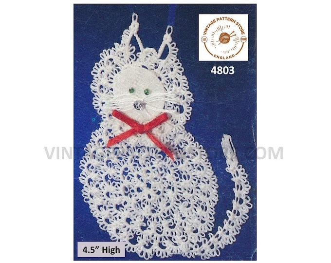 80s vintage tatted lace lacy cat Christmas tree ornament decoration pdf tatting pattern 4.5" High Instant PDF Download 4803