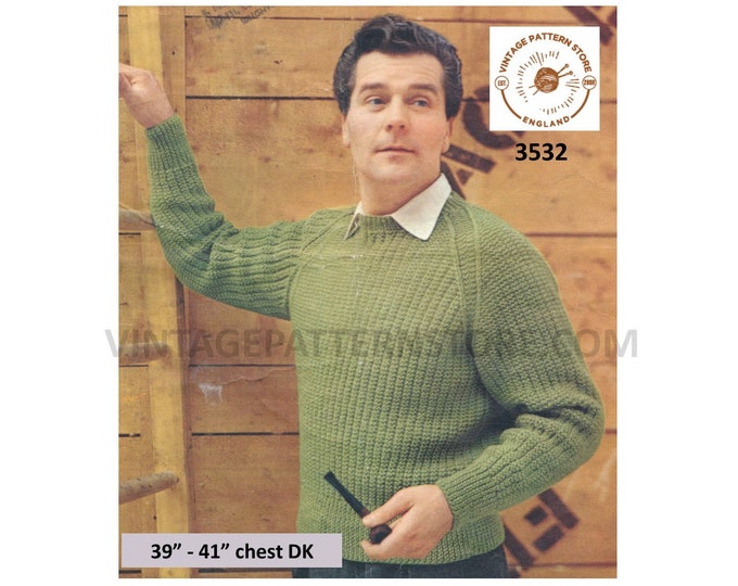 Mens Mans 50s vintage DK easy to knit crew neck raglan sweater jumper pullover pdf knitting pattern 39" to 41" Instant PDF download 3532